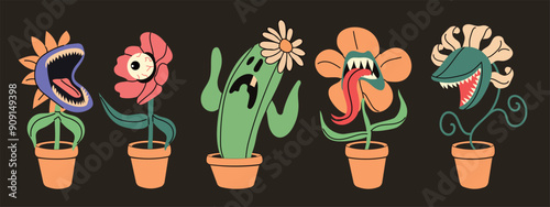 Set with monster plants. Carnivore fantastic flora with teeth, eyes, scary flowers, venomous predatory botanical characters, angry ugly creature. Flat isolated illustration on dark background. 