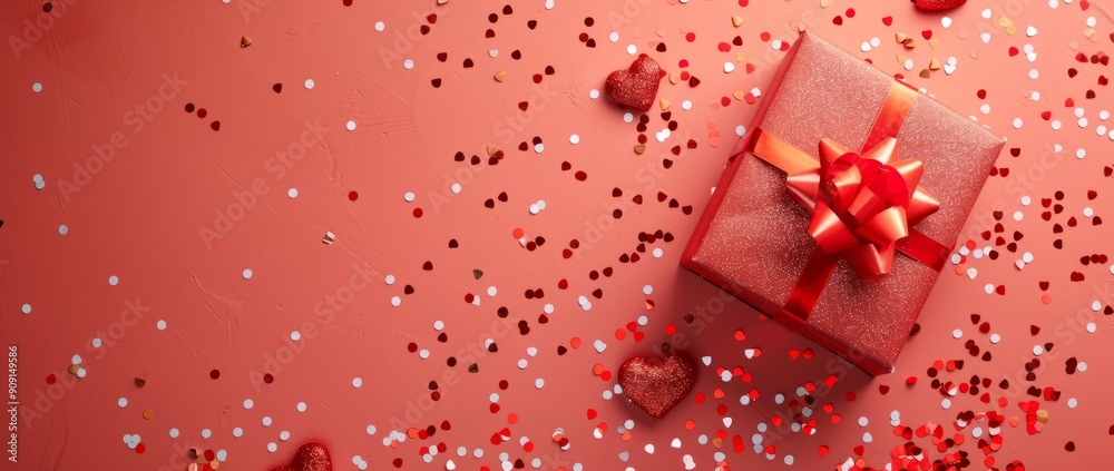 A Festive Valentine’s Day Gift Surrounded by Red Hearts and Sparkling Confetti on a Pink Background A Festive Valentine’s Day Gift Surrounded by Red Hearts and Sparkling Confetti on a Pink Background
