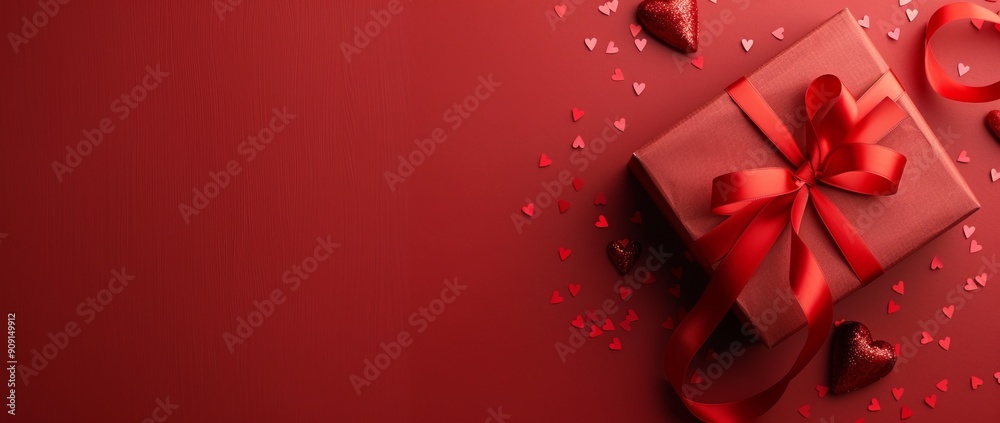 Beautiful Red Gift Box Surrounded by Hearts on a Vibrant Red Background for Romantic Occasions Beautiful Red Gift Box Surrounded by Hearts on a Vibrant Red Background for Romantic Occasions