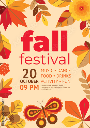 Beautiful poster for the fall foliage festival with colorful leaves, butterfly and flower. Bright flyer template for the autumn vestival with a frame of leaves. Banner, invitation