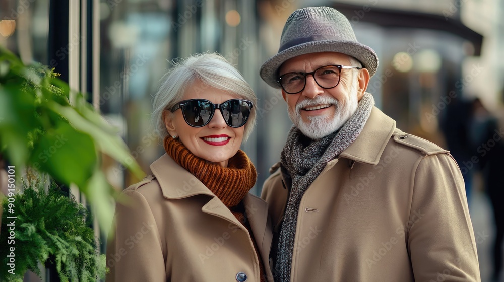 Stylish Elderly Couple Smiling in Cozy Winter Outfits at Urban Cafe Stylish Elderly Couple Smiling in Cozy Winter Outfits at Urban Cafe