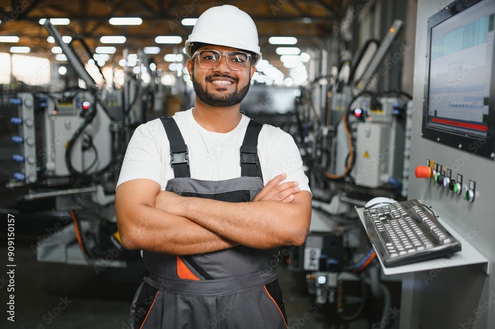 Operator of machine. Industrial worker indoors in factory. Young technician in white hard hat Operator of machine. Industrial worker indoors in factory. Young technician in white hard hat