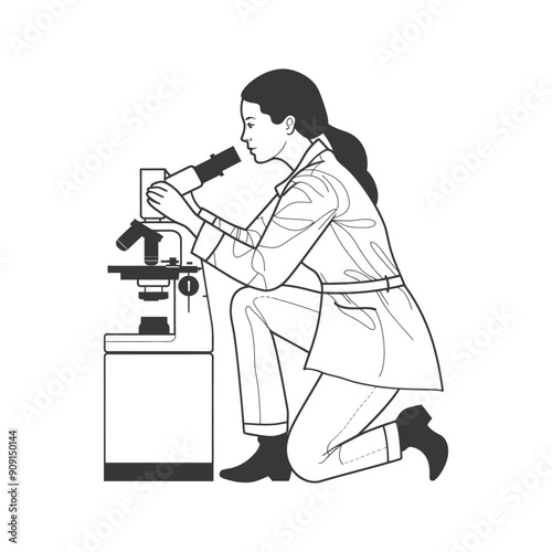 Woman Kneeling and Examining a Specimen Under a Microscope