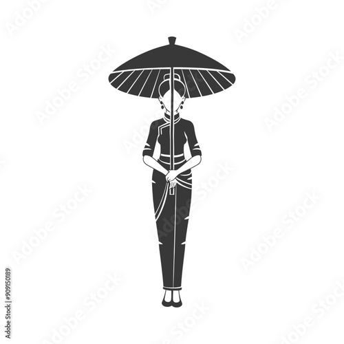 Woman in Traditional Asian Dress Holding an Umbrella