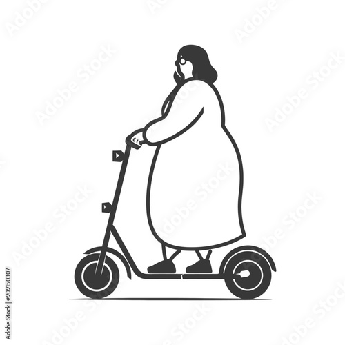 Stylish Plus-Size Woman on Electric Scooter, Monochrome Illustration