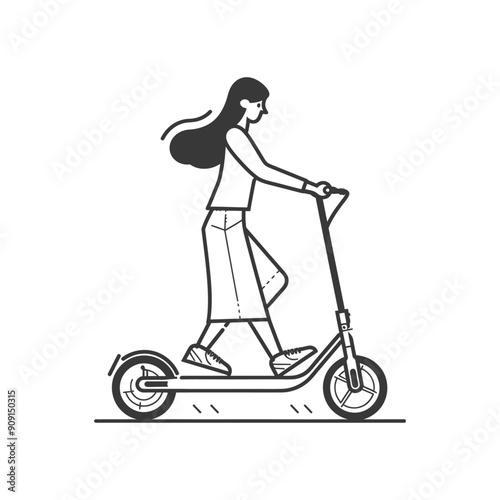 Woman Pushing Electric Scooter, Line Art Illustration
