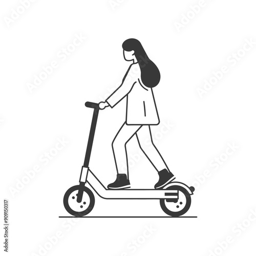 Stylish Woman Riding Modern Electric Scooter - Minimalist Line Art Illustration