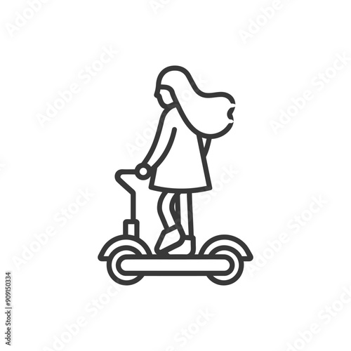 Line Art: Young Woman Riding Electric Scooter, Long Hair Flowing