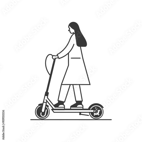 Stylish Woman in Coat Riding Electric Scooter - Minimal Line Art Illustration