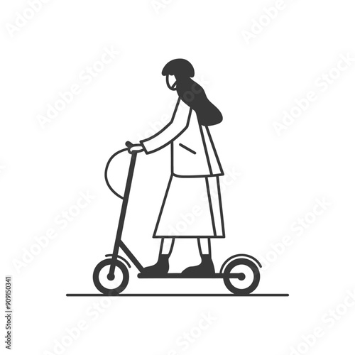 Stylish Woman on Electric Scooter, Minimal Line Art Illustration