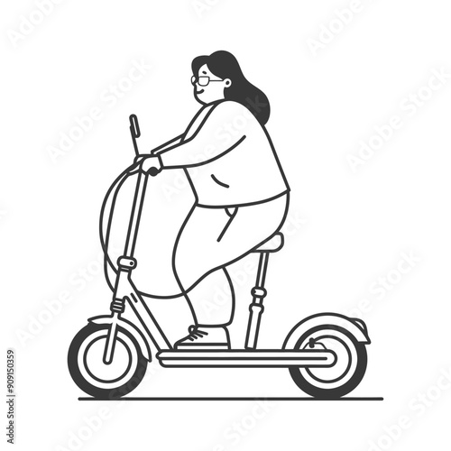 Curvy Woman Riding Electric Scooter, Line Art Illustration