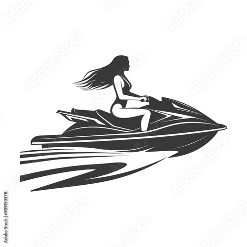 Stylish Woman on Jet Ski: Monochrome Vector Illustration
