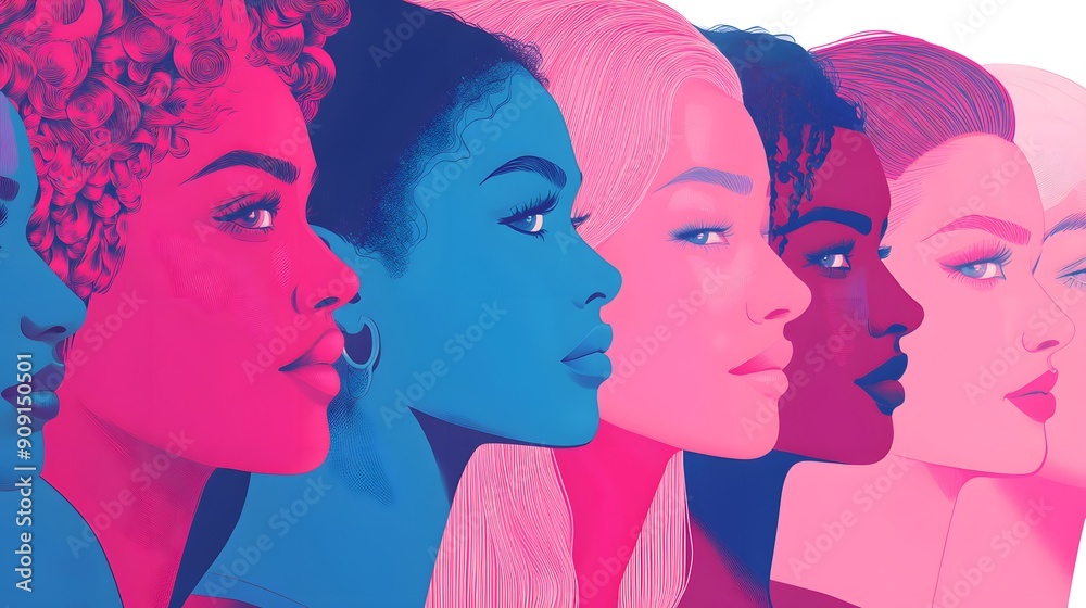 An illustration of diverse women with abstract shapes and colors, symbolizing diversity in the design world. The background should be clean to highlight their silhouettes An illustration of diverse women with abstract shapes and colors, symbolizing diversity in the design world. The background should be clean to highlight their silhouettes