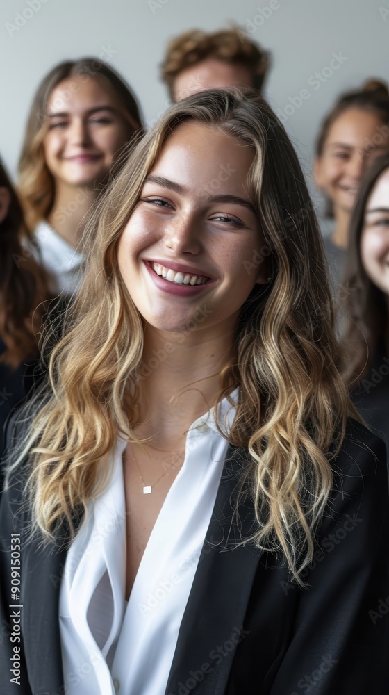 A diverse group of young professionals smiles warmly while dressed in formal attire at a networking event A diverse group of young professionals smiles warmly while dressed in formal attire at a networking event