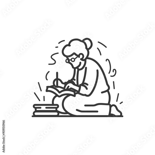 Woman with glasses kneeling and writing in a book