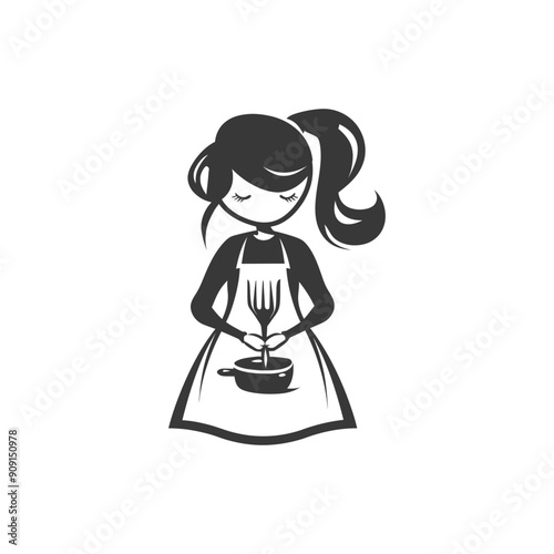 Woman with ponytail holding fork over pot