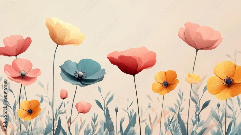 Fototapeta premium Watercolor-Style Illustration of Colorful Flowers and Delicate Stems