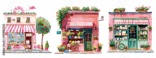 A series of quaint and colorful watercolor painted storefronts, featuring a bakery, a florist, and a bookstore. Charming Watercolor Painted Storefronts

