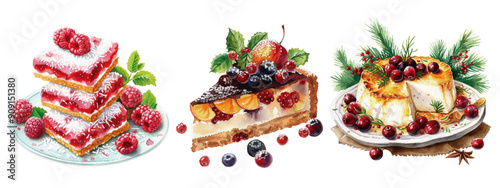 Delicious selection of festive desserts featuring berry-topped cakes and pies decorated with fresh cream and seasonal fruits, on white backgrounds. Assorted Festive Desserts with Berries and Cream


