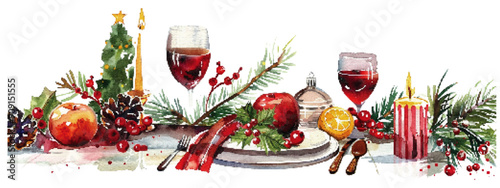 Elegant holiday table setting featuring red wine glasses, festive decorations, candles, and seasonal fruits, perfect for a Christmas feast. Festive Holiday Table Setting with Wine and Decorations

