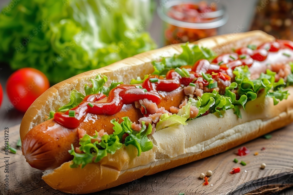 hot dog: a savory sausage, lettuce, and sauce sandwich, Generative AI. hot dog: a savory sausage, lettuce, and sauce sandwich, Generative AI.