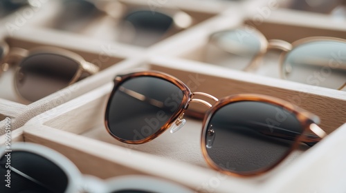 A neatly arranged display case showcasing an array of stylish sunglasses, highlighting their sleek design and modern aesthetics, appealing to fashion enthusiasts.