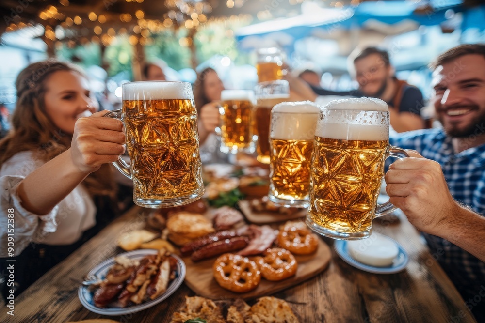 Group of friends toasting beers at Oktoberfest Group of friends toasting beers at Oktoberfest