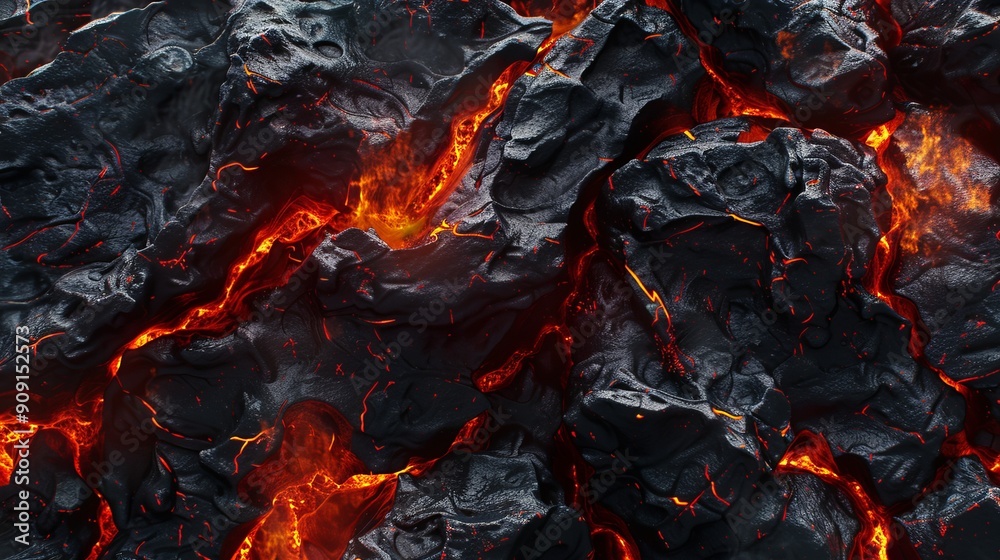 Molten lava with glowing orange veins on dark rocks Molten lava with glowing orange veins on dark rocks