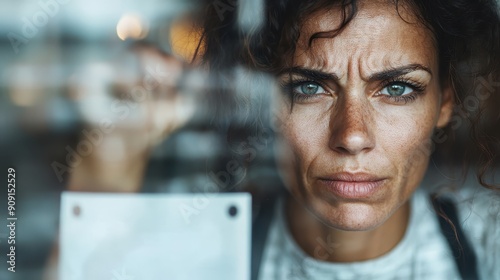 A woman with an intense gaze peers through a window, her curly hair framing her face, conveying emotions of determination, focus, and a hint of concern. photo