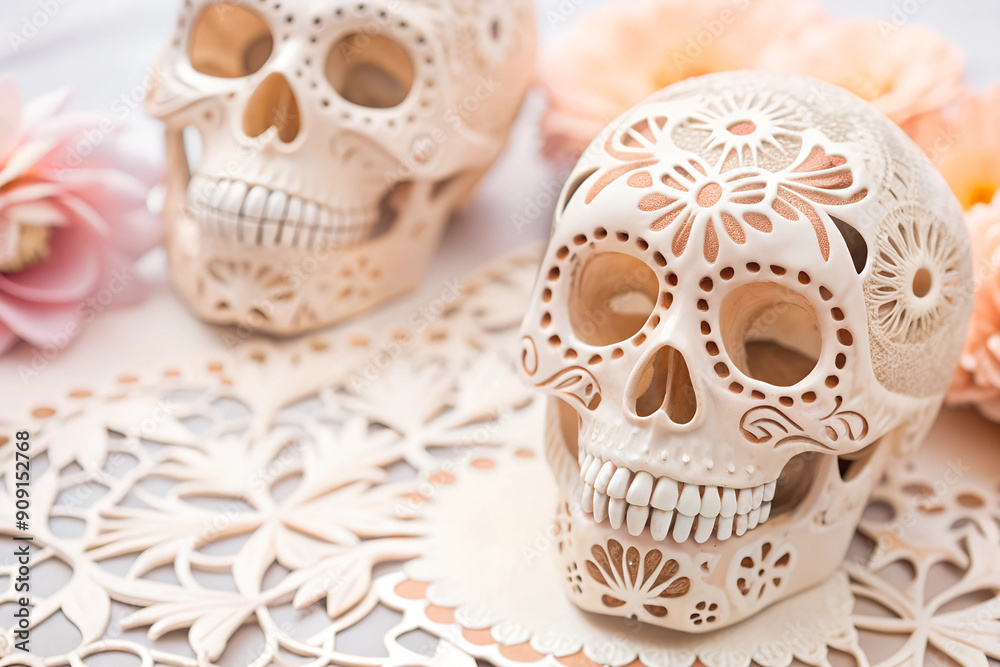 Fototapeta premium Painted skulls and papel picado decorations