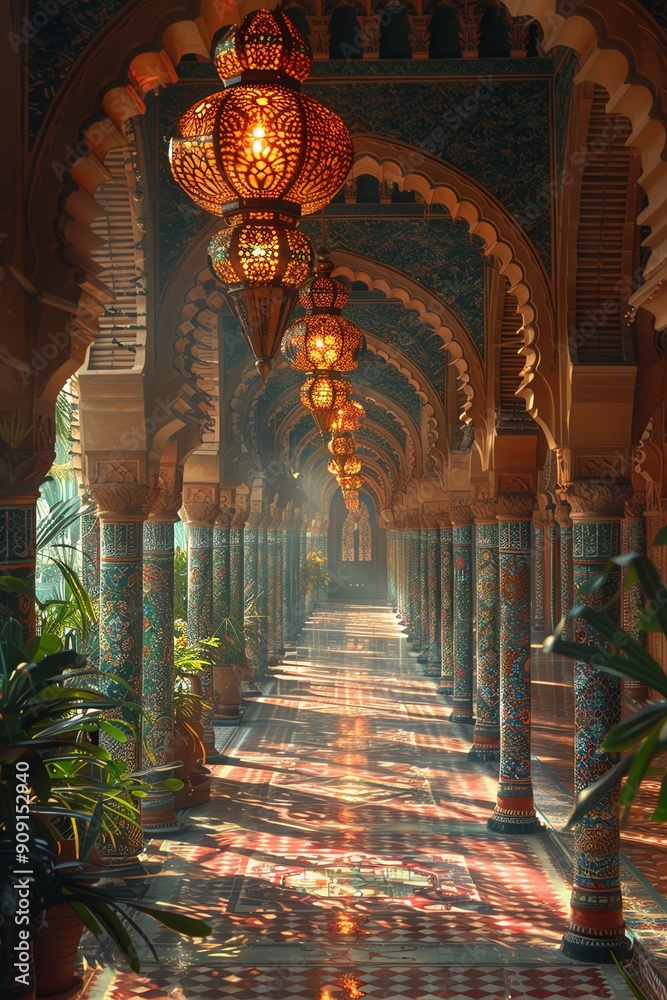 Obraz premium Ornate lanterns on a tiled floor, sunlight streaming through arches, serene atmosphere