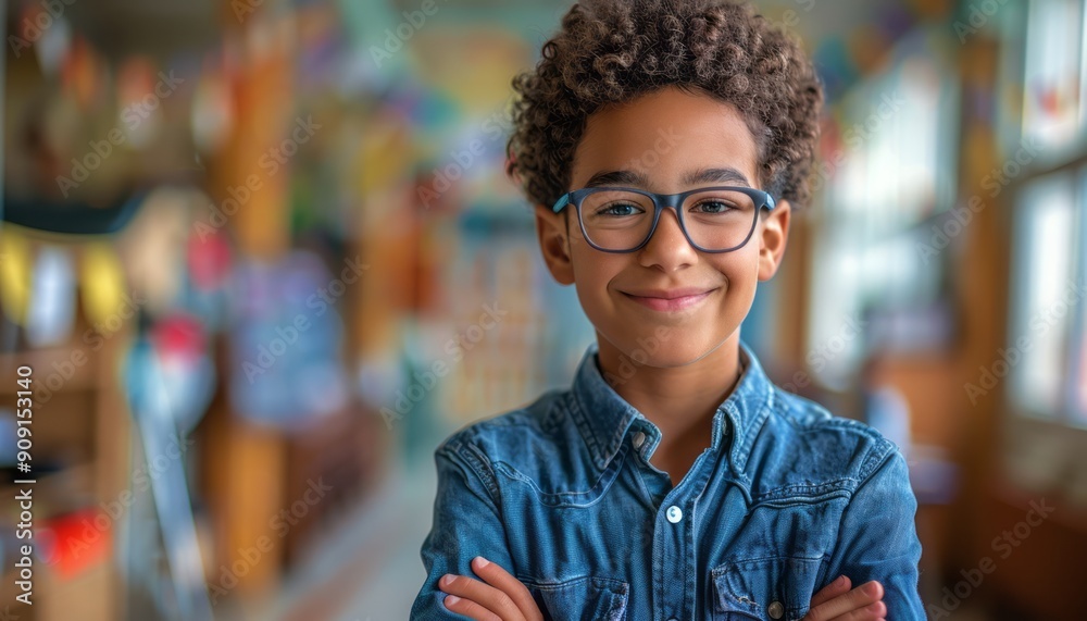 Naklejka premium Young Boy Wearing Glasses Smiling With Arms Crossed in a Classroom Setting