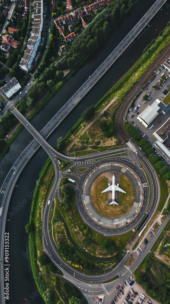 Obraz premium An airplane approaches a circular runway next to a river, surrounded by roads and greenery in an urban setting