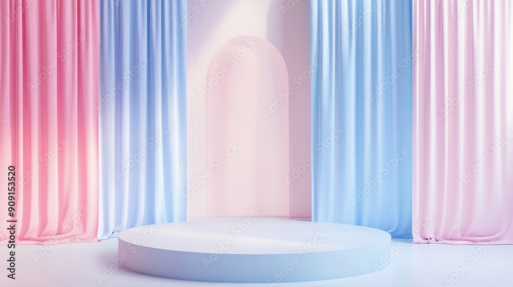 Pastel Blue and Pink Curtains with a Circular Platform Pastel Blue and Pink Curtains with a Circular Platform