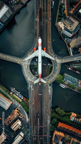 An airplane approaches landing above a bustling city intersection surrounded by roads and buildings