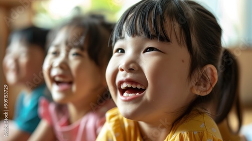 asian children are in a good mood, relaxed, happy, recreation, living room, childhood, lifestyle, preschooler, study, family,