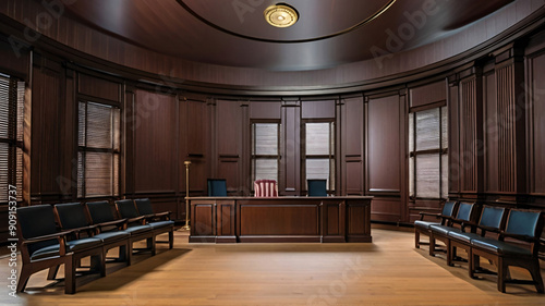 Courtroom Setting with Polished Judge s Bench and Intricate Wooden Paneling  ai generated