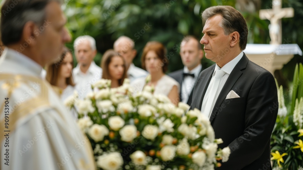 A grieving family at a graveside service, with a casket being lowered into the ground, surrounded by flowers and a priest A grieving family at a graveside service, with a casket being lowered into the ground, surrounded by flowers and a priest