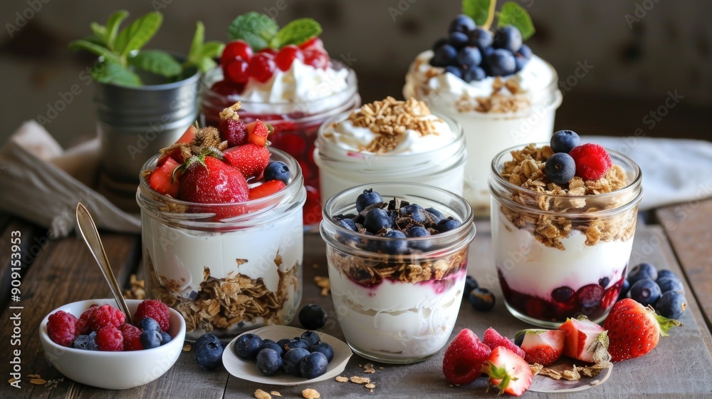 yogurt to various jars and dishes, try a variety of toppings and always include large container in shot, food, dessert, sweet, fresh, dairy, delicious, breakfast, fruit, organic yogurt to various jars and dishes, try a variety of toppings and always include large container in shot, food, dessert, sweet, fresh, dairy, delicious, breakfast, fruit, organic