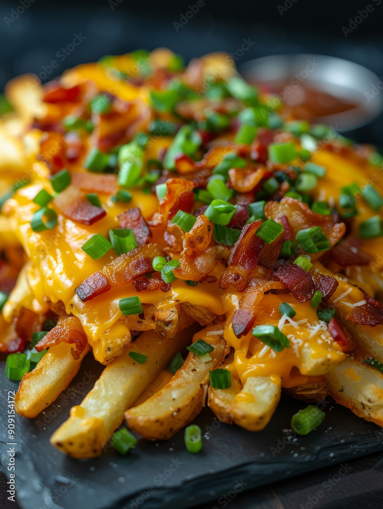 Loaded French fries with bacon, cheese, and green onions. Loaded French fries with bacon, cheese, and green onions.