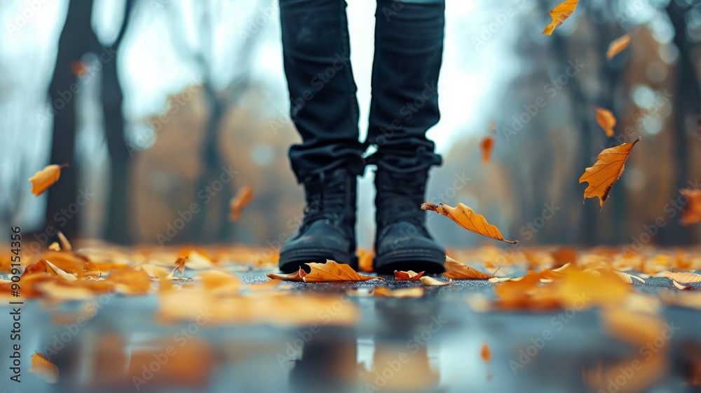 A person standing alone in an empty park, leaves falling around them, looking down at their feet, with a melancholic atmosphere 