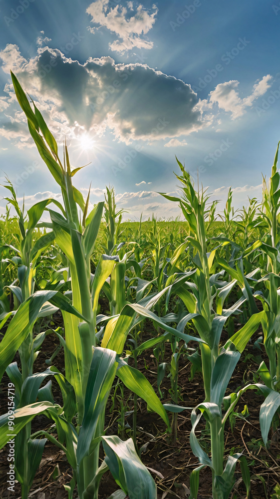 Fototapeta premium High-Resolution Photograph of Lush Maize Cornfield with Sunlit Stalks and Cloudy Sky, ai generated