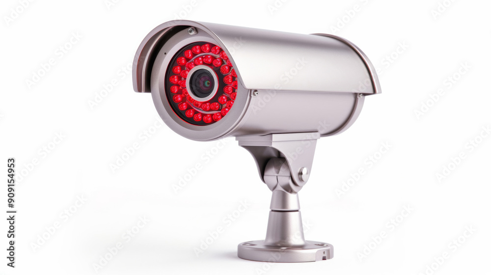 A surveillance camera with a red blinking light, isolated on a white background A surveillance camera with a red blinking light, isolated on a white background