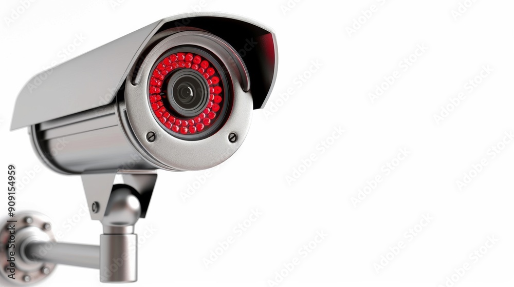 A surveillance camera with a red blinking light, isolated on a white background A surveillance camera with a red blinking light, isolated on a white background