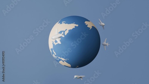Airplanes flying around the world 3d animation
