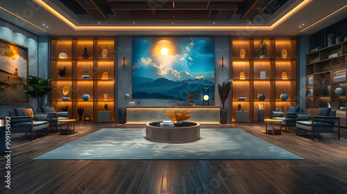 A beautifully designed modern living room featuring luxurious furnishings  warm lighting  and an artistic wall display creating an inviting ambiance
