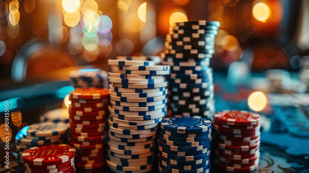 Poker chips on the table with bokeh background. Casino concept. Casino equipment.
Poker chips on the table with bokeh background. Casino concept. Casino equipment.