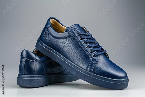 On a gray backdrop, traditional men's leather sneakers in blue, Generative AI.