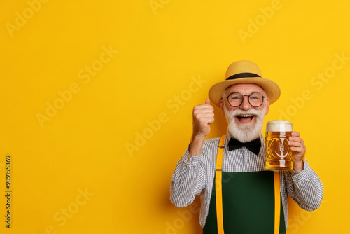 Bavarian man in traditional lederhosen holding a beer stein enthusiastically cheering isolated on gradient background 
