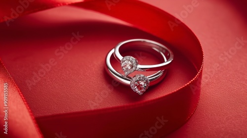 On a red backdrop, two diamond-encrusted white gold engagement rings and a heart-shaped ribbon are displayed. romantic backdrop for wedding jewels, Generative AI.